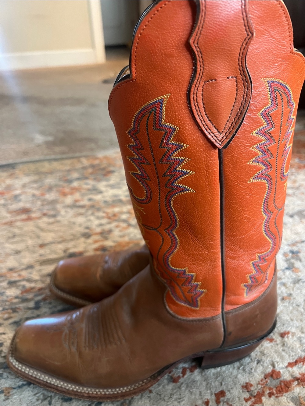Justin Boots Orange and Brown Leather Western Heeled Boots - Picture 3 of 5
